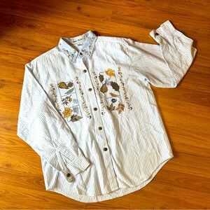 Women’s Large Vintage 90’s Button Blue White Stripe‎ Shirt Autumn Embroidery